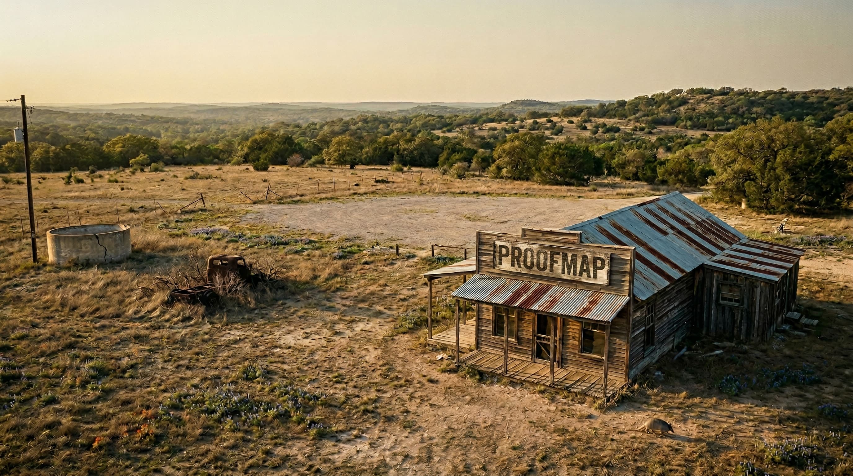Old wooden storefront on a dry Texas hill country landscape at dusk