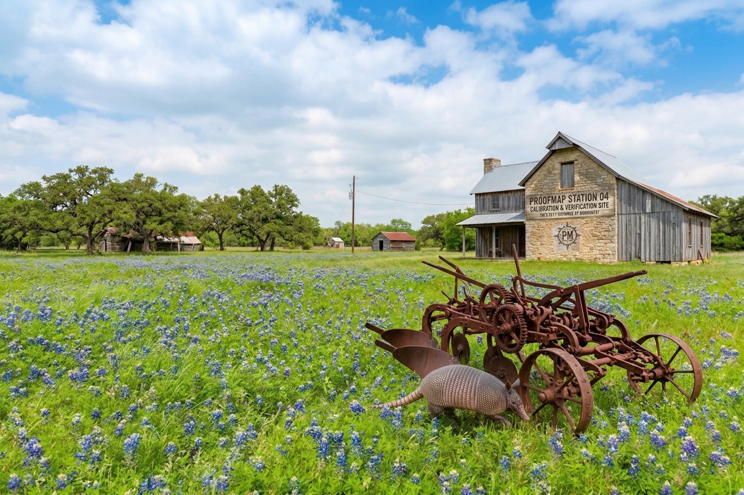 Bluebonnet meadow with a rusted plow, an armadillo, and a weathered barn under a wide Texas sky